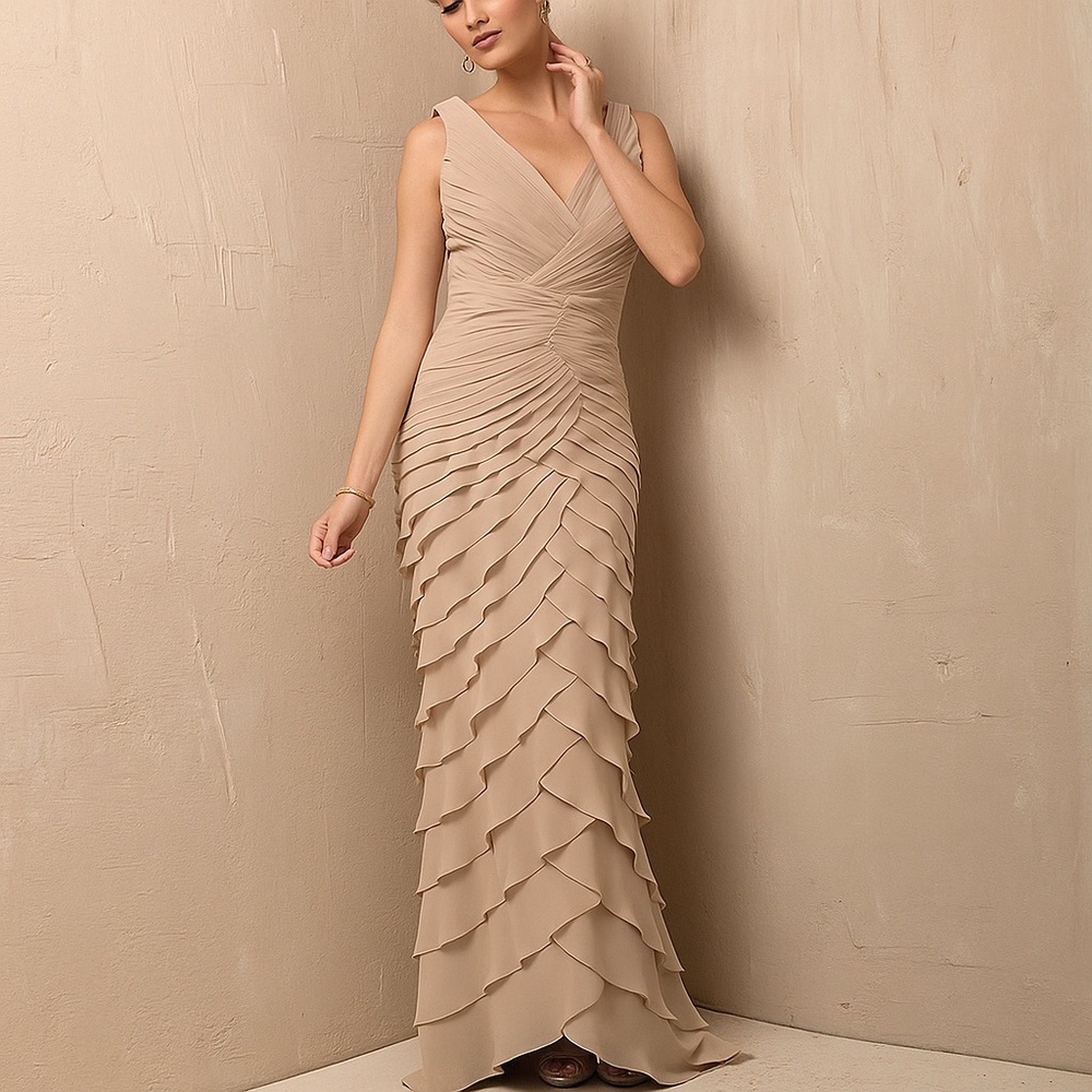 Mother of Bride Groom Formal Dress Nude Tiered Chiffon Evening Gown V-Neck 14